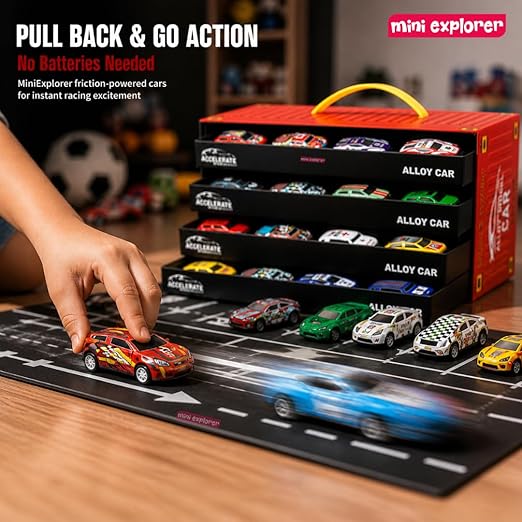 MiniExplorer 48 Pcs Pull Back Cars Set for Kids | Racing Toy Cars Bulk Pack with Storage Container & Play Mat | Mini Alloy Vehicle Set for Boys & Girls 3-8 Years | Return Gifts, Party Favors