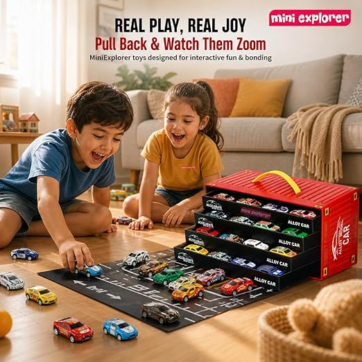 MiniExplorer 48 Pcs Pull Back Cars Set for Kids | Racing Toy Cars Bulk Pack with Storage Container & Play Mat | Mini Alloy Vehicle Set for Boys & Girls 3-8 Years | Return Gifts, Party Favors