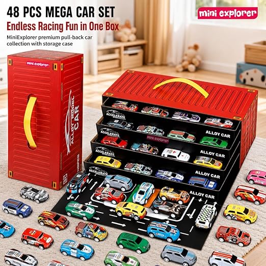 MiniExplorer 48 Pcs Pull Back Cars Set for Kids | Racing Toy Cars Bulk Pack with Storage Container & Play Mat | Mini Alloy Vehicle Set for Boys & Girls 3-8 Years | Return Gifts, Party Favors