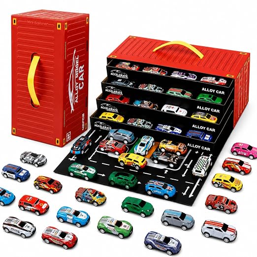 MiniExplorer 48 Pcs Pull Back Cars Set for Kids | Racing Toy Cars Bulk Pack with Storage Container & Play Mat | Mini Alloy Vehicle Set for Boys & Girls 3-8 Years | Return Gifts, Party Favors