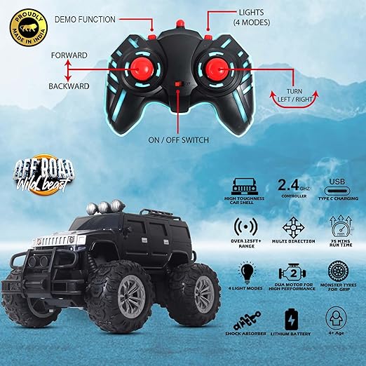 popsugar Off Roader Rechargeable Remote Control Car | RC Car Monster Truck | 4 Headlight Modes | Lithium Battery | C-Type Charging | 2.4GHz Remote Controller | Made in India, Black